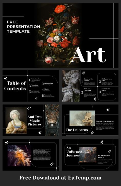 Art PowerPoint Presentation Template - Free PowerPoint Templates, Google Slides, Figma Deck And Resume Presentation Design Layout Aesthetic, Art Ppt Template, Photography Presentation Layout, Elegant Presentation Template, Museum Presentation Design, Graphic Design Powerpoint Presentation, Pretty Presentation Slides, Cool Slides Powerpoint, History Slide Presentation