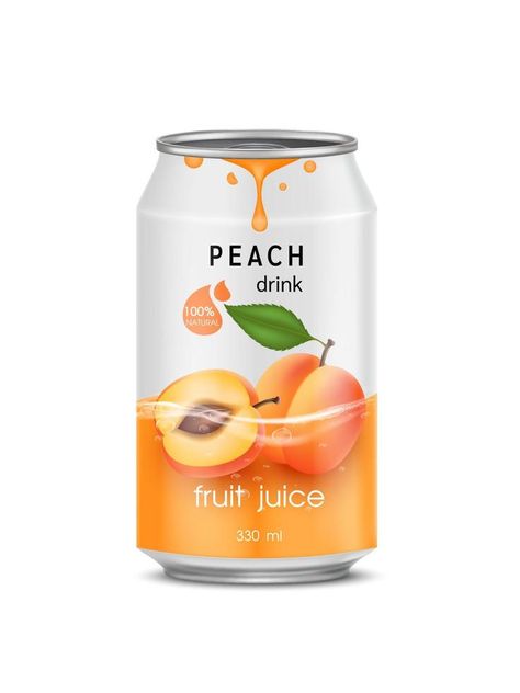 Peach juice soft drink in aluminum can and design of peach fruit yellow packaging mock up.  Isolated on a white background. Realistic vector EPS10 illustration. Juice Drink Packaging, Juice Can Packaging, Juice Can Design, Can Drink Design, Drink Bottle Design, Peach Packaging, Juice Packaging Design, Juice Photo, Yellow Packaging