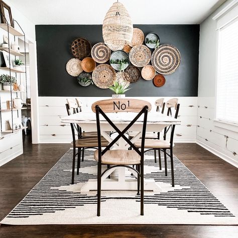 Boho Dining Room Ideas, Basket Walls Boho Living Room, Basket Walls Boho, Boho Farmhouse Dining Room, Basket Walls, Dining Room Accent Wall, Bohemian Dining Room, Boho Dining Room, Dining Room Accents