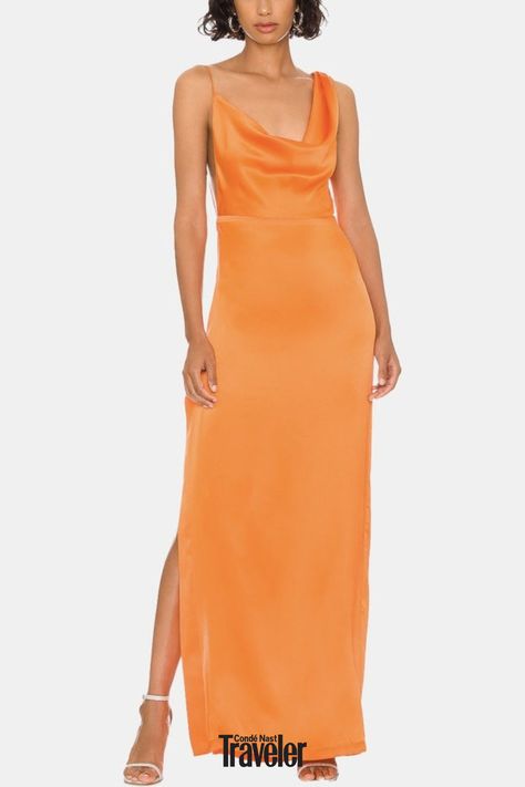 Whether you're headed to a casual coastal ceremony or a more formal affair. #beach #wedding #dress Orange Gown, Orange Bridesmaid Dresses, Amanda Uprichard Dress, Beach Wedding Guest Dress, Charmeuse Fabric, Orange Maxi Dress, Amanda Dress, Draped Neckline, Amanda Uprichard