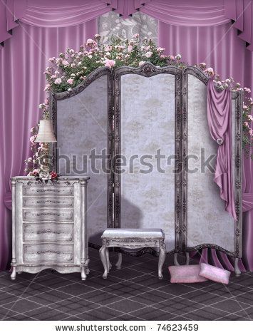 Victorian Girls Room, Dress Up Wardrobe, Dressing Screen, Bedroom Sitting Room, Purple Curtains, Retro Bedrooms, Curtain Backdrops, Boutique Ideas, Pink Curtains