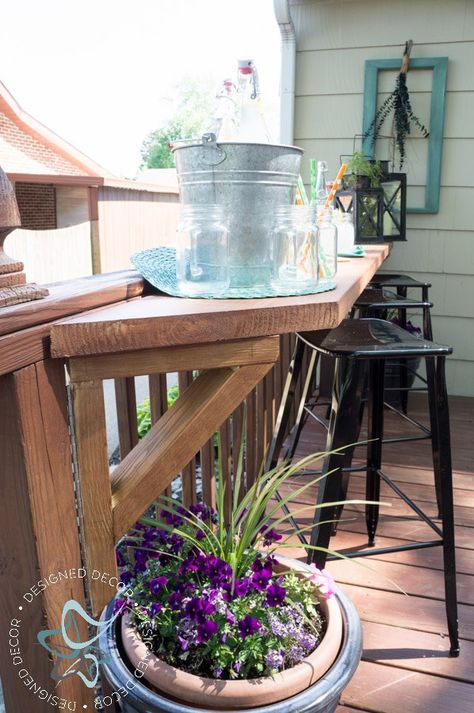 Create additional seating for your deck by building a flip up deck bar. Perfect for parties and entertaining for your outdoor living space. by DeDe Bailey Deck Bar, Bar Exterior, Patio Decorating Ideas On A Budget, Deck Decorating Ideas On A Budget, Decks Backyard, Diy Deck, Backyard Deck, Deck Railings, Patio Bar