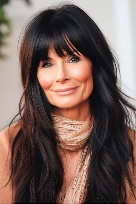 Long Shag With Bangs Straight Hair, Long Shag Hairstyles For Older Women Over 50, Long Hair Heavy Bangs, Dark Hair On Older Women Over 50, Cool Hairstyles Long Hair, Late 40s Hairstyles, Long Straight Hair With Layers And Bangs, Dark Hair Shag, Really Long Hair With Bangs