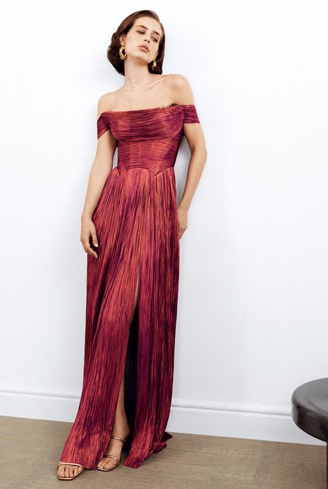 View All Jewel Tone Womens Outfits, Carrie Bradshaw Red Dress, Slip Dress Gown, Two Tone Dress Casual, Reformation Formal Dress, 20s Bridesmaid Dress, Pleated Evening Gown, Dresses For Soft Dramatic, Red Dress And Pearls