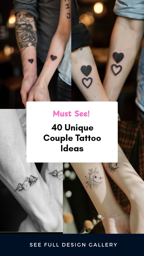 Discover 40 unique couple tattoo ideas showcasing symbols of love and commitment. This pin features four images highlighting diverse designs that express intimacy and personal significance for your relationship. Unique Partner Tattoos, Discreet Couples Tattoos, Married Couple Tattoos Unique Simple, Couple Tattoo Small Relationships Simple, Twin Flame Tattoo Ideas Couple, Lowkey Couple Tattoos, 444 Tattoo Ideas For Couples, Couples Tattoo Designs Meaningful, Matching Infinity Tattoos Couple