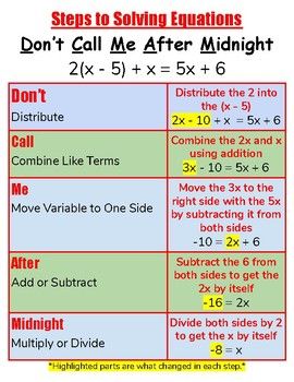 This is a poster using the phrase, "Don't Call Me After Midnight" to help students remember the steps to solving equations. Math Tips, Studie Hacks, Teaching Math Strategies, Learning Mathematics, Math Tutorials, Maths Algebra, Math Notes, Basic Math Skills, Solving Equations