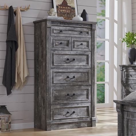 PRICES MAY VARY. DRESSER DIMENSIONS: Overall Measuring 31.5" W × 15.55" D × 57.48" H, this dresser comes with 2 small drawers 11.42" W × 11.8" D × 3.79" H and 4 large drawers 24.41" W × 11.8" D × 6.5" H to categorize your different objects while providing plenty of storage space! The top drawer measures 24.41" W × 11.8" D × 3.78" H and can be used for jewelry. Keep your belongings organized and your room tidy ROMAN COLUMN DESIGN: Add a touch of rustic charm and classical elegance to your bedroom Tall Dressers, Dresser Dimensions, Rustic Closet, Closet Dresser, Tall Nightstands, Dresser In Closet, Farmhouse Dresser, Large Dresser, Living Room Light