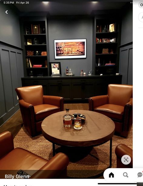 Conversation Room With Bar, Game Room Sitting Area, Sitting Room With Bar, Conversation Room Ideas, Cozy Basement Family Room, Bar Lounge Room Ideas, Conversation Room, Ideas For Basement, Room With Bar