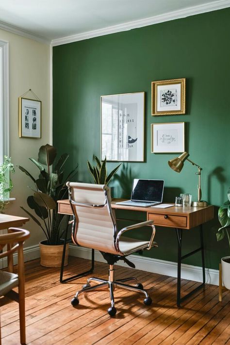 16 Dark Green Home Office Ideas 2024 – The Crafty Hacks Dark Green Studio Apartment, Dark Green Home Office, Green Home Office Ideas, Green Workspace, Green Office Walls, Dark Green Home, Green Office Decor, Green Home Office, Teal Office