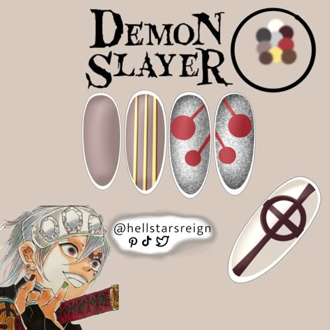 Tengen Uzui a Hashira from Demon Slayer as a nail set Tengen Uzui Nails, Demon Slayer Nail Designs, Tengen Nails, Demon Slayer Nail Art, Tengen Uzui Pfp, Uzui Pfp, Demon Slayer Nails, Lightning Nails, Anime Nail