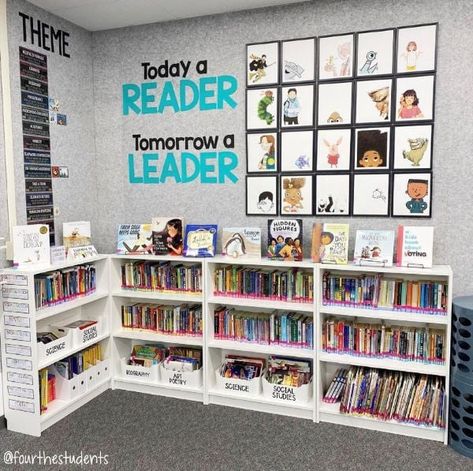 Classroom Library Bookshelves, Classroom Bookcase Ideas, Magnetic Book Shelf Classroom, Simple Classroom Library, Library Room Ideas For School, Classroom Library Decor Ideas, 2nd Grade Library Set Up, Third Grade Classroom Library, 1st Grade Reading Corner