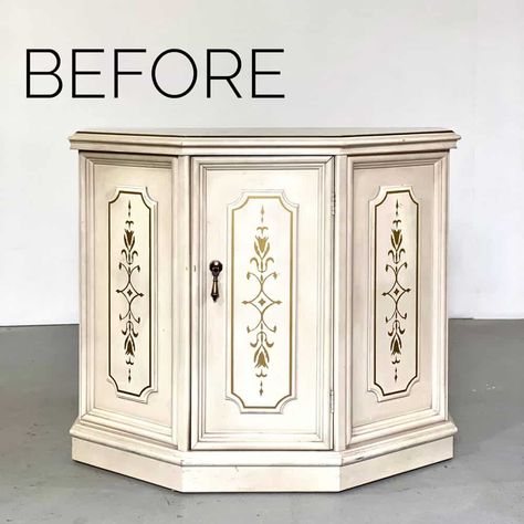 Hall Cabinet Makeover, Credenza Decor Entryway, Beyond Paint Before And After, Hallway Cabinet Makeover, Hallway Cabinet Decor, Modern Painted Furniture, Console Makeover, Credenza Makeover, Gold Painted Furniture