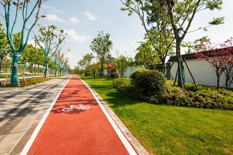 Streetscape Design, Beautiful Summer Wallpaper, Linear Park, Jogging Track, Red Bike, Urban Landscape Design, Sport Park, Path Design, Global City