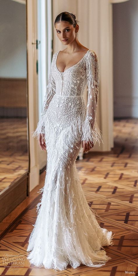 Long Sleeve Wedding Dress Beaded, Spring 2025 Wedding Dress, Wedding Dress With Pop Of Color, Beaded Fitted Wedding Dress, Off The Shoulder Fitted Wedding Dress, 2025 Bridal Gowns, Beaded Wedding Dress Crystal, Wona Concept Wedding Dress, New Years Eve Wedding Dress