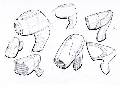 Hair-dryer sketches Product Advertisement, Interior Design Sketchbook, Industrial Design Portfolio, Thumbnail Sketches, Interior Design Sketch, Object Drawing, Industrial Design Sketch, Drawing Exercises, Hair Dryers