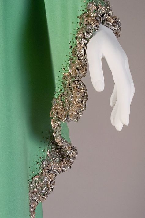 Detail of the Lesage embroidery on a sleeve edge of a green silk dress, Valentino, ca. 1960. Valentino Embroidery, Lesage Embroidery, Embroidery Couture, Fusion Dance, Green Silk Dress, Tambour Beading, Haute Couture Embroidery, Kent State University, Kent State