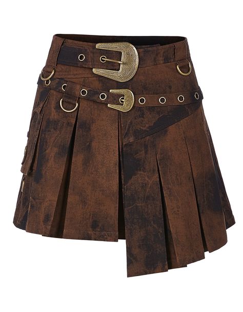 Steampunk Western, Jeans Marron, Brown Mini Skirt, Belted Mini Skirt, Jean Vintage, Western Look, Clothing Catalog, Punk Rave, Half Skirt