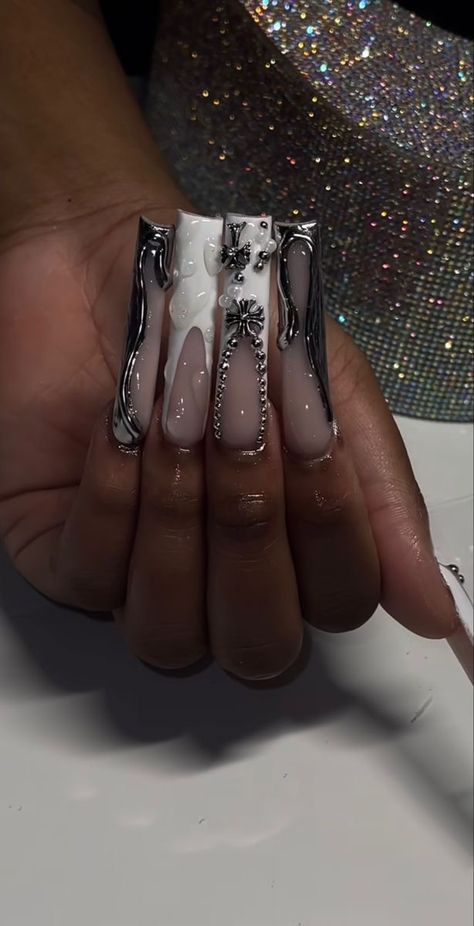 Chrome Design Acrylic Nails, Long Chrome Acrylic Nails, Nail Designs Extra, Exotic Nail Designs, Acrylic Nail Set, Long Acrylic Nail Designs, Tapered Square, Colored Acrylic Nails, Dope Nail Designs