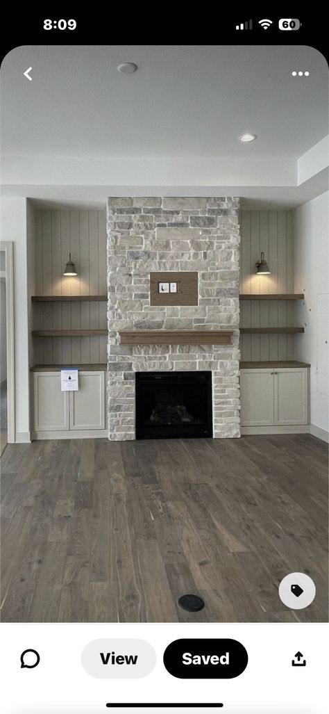 Living Room Niche, Lakehouse Exterior, Brick Wall Decor, Brick Fireplaces, Fireplace Design Ideas, Stacked Stone Fireplaces, Painted Brick Fireplaces, Lakehouse Ideas, Built In Shelves Living Room