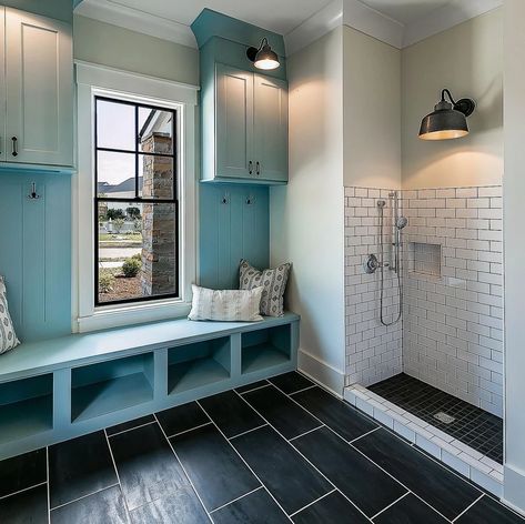 Light Blue Cabinets, Window Inspiration, Black Window Frames, Single Hung Windows, Window Bench, Industrial Home Design, Farmhouse Window, Mud Rooms, Black Window