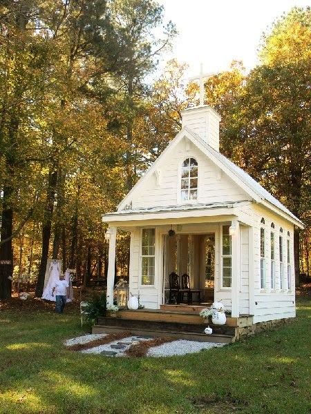 Cozy White Cottage, Chapel In The Woods, Cottage Tiny House, Yard Sheds, Little White Chapel, Garden Railroad, White Chapel, Old Country Churches, Backyard Greenhouse