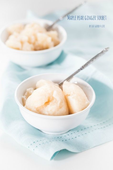 Maple pear ginger sorbet. Only 3 ingredients and done in 10 minutes. This is healthy, refreshing and delicious. Gluten free and vegan! Ginger Sorbet, Pear Sorbet, Granitas, Pear Ginger, Sorbet Recipes, Ice Cream Sorbet, Food Stands, Healthy Food Blogs, Popsicle Recipes