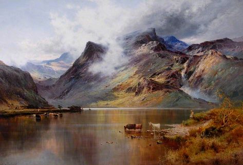 Across the Loch, Stronachlachar by Alfred de Breanski Scottish Paintings Landscapes, Scottish Landscapes, Glasgow Museum, Hudson River School, Mountain Landscape Painting, Scottish Landscape, English Art, Watercolor Painting Techniques, Traditional Landscape