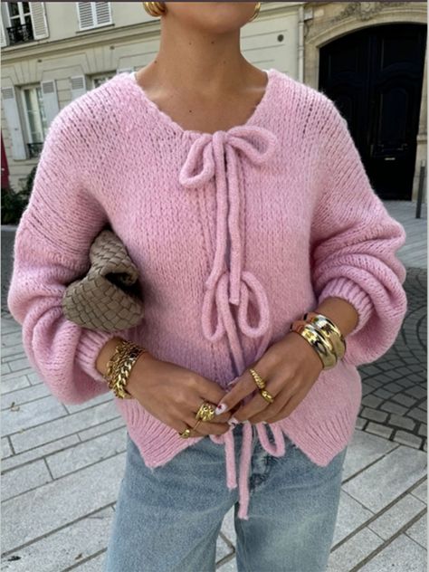 Sweet Pink Women's Lace Up V-neck Cardigan 2024 Autumn Fashion Long Sleeve Loose Knitted Sweater Loose Knitwear, Ruffle Sleeve Sweater, Pull Rose, Striped Knitted Sweater, Bow Sweater, Coat Women Fashion, Knitting Women Cardigan, Wool Coat Women, Knitwear Fashion