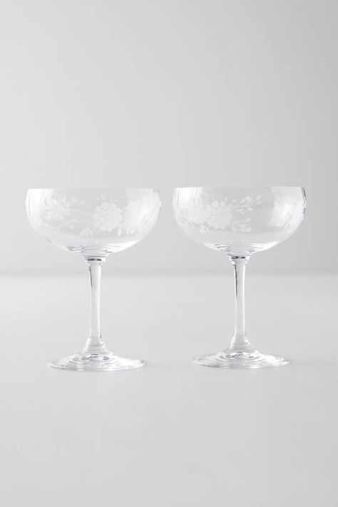 Etched Floral Coupes, Set of 2 | Anthropologie Chandelier Wreath, Glassware Drinking, Kitchen Things, White Wine Glasses, Bar Glasses, Wreath Hanger, Butler's Pantry, Bhldn Weddings, Delicate Flowers