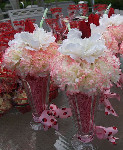 carnation ice cream float floral - Google Search Ice Cream Sundae Flower Arrangement, Sundae Party, Sock Hop Party, Ice Cream Soda, Rock N Roll Party, Ice Cream Birthday Party, Ice Cream Floats, Ice Cream Theme, Bridal Shower Centerpieces