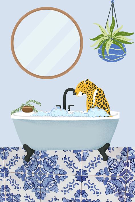 Jungle Bathroom Decor, Bathroom Illustration, Jungle Bathroom, Leopard Art Print, Bathroom Gallery Wall, Animal Bathroom, Retro Art Prints, Leopard Art, Animal Art Print