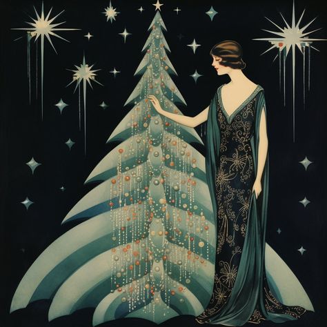 Art Deco Christmas, Deco Paint, Art Deco Paintings, Japan Illustration, Art Deco Illustration, Vintage Christmas Images, Christmas Graphics, Journaling Scrapbooking, Art Deco Stil