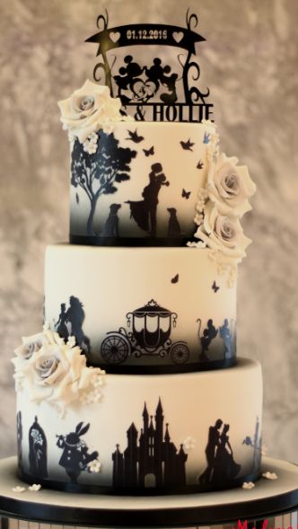 Disney Silhouette Wedding Cake, Wedding Cake Disney Theme, Disney Wedding Cake Designs, Disney Theme Wedding Cake, Disney Inspired Wedding Cakes, Dark Disney Wedding, Disney Themed Wedding Cake, Wedding Cakes Disney, Disney Wedding Ideas Subtle