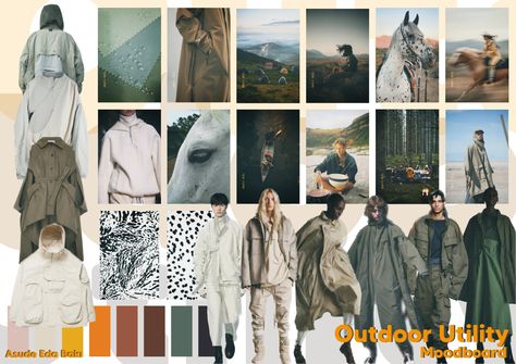 Mood board of my digital collection named ''Outdoor Utility'' Asude Eda Bakı Outdoors Moodboard, Menswear Moodboard, Monsoon Fashion, Mood Board Layout, Fashion Designer Aesthetics, Styling Portfolio, Graphic Design Fashion, Fashion Mood Board, Fashion Portfolio