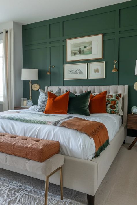 Dark Green Boho Bedroom, Green And Orange Bedroom, Chic Boho Bedroom, Wall Paint Inspiration, Boho Colors, Orange Bedroom, Mixing Patterns, Boho Bedroom Ideas, Paint Inspiration