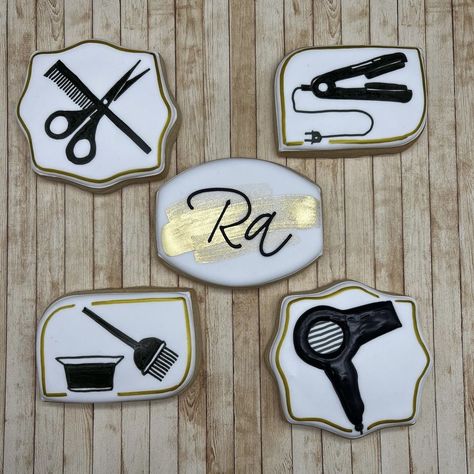 Hairdresser Cookies Decorated, Cosmetology Cookies Decorated, Cosmetology Grad Party, Salon Cookies Decorated, Hair Salon Cookies Decorated, Hair Salon Cookies, Hairstylist Cookies, Cosmetology Cookies, Cosmetology Graduation Party