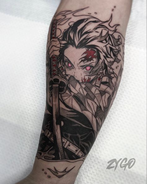 Tanjirou Kamado, tattoo, blood, black and white Anime Sleeve Tattoos For Guys, Demon Slayer Tattoo Ideas Tanjiro, Tanjiro Tattoo Ideas, Black And Red Sleeve Tattoo, Anime Tattoo Ideas For Men, Anime Tattoos Demon Slayer, Tanjiro Rage, Men Tattoo Ideas Forearm Half Sleeves, Dark Anime Tattoo