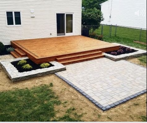 Deck That Leads To Patio, Flat Backyard Deck, Stone And Decking Patio, Deck And Pavers Combo, Pavers And Deck Backyard, Step Down Patio Backyards, Patio Deck Designs Small Yards, Deck With Cement Patio, Small Square Deck Ideas