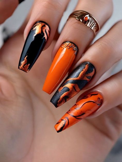 September Nails Designs Fall, Burgundy Orange Nails, Orange Burgundy Nails, Fall Designs Nails, Orange And Black Ombre Nails, Orange Fall Nails Acrylic, Black And Orange Nail Designs, Orange Black Nails, Orange And Black Nail Designs