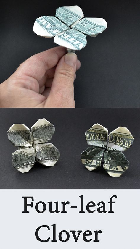 Clover Origami, Fold Dollar Bill, Easy Money Origami, Money Origami Tutorial, Origami Dollar, Origami Easy Step By Step, Folding Money, One Dollar Bill, Dollar Origami