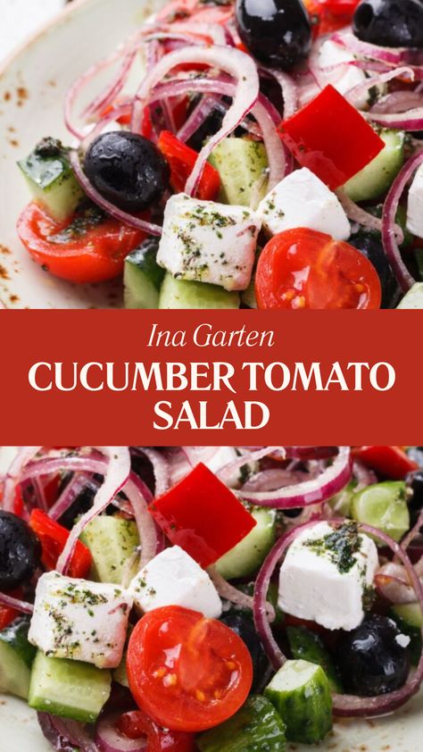 Ina Garten Cucumber Tomato Salad Cherry Tomatoes Cucumber Salad, Tomato Cucumber Red Onion Salad, Cherry Tomato And Cucumber Salad, Tomato Cucumber Salad Recipe, Cucumber Cherry Tomato Salad, Salads With Tomatoes, Cucumber Feta Tomato Salad, Salads With Cherry Tomatoes, Cucumber And Tomato Salad With Vinegar