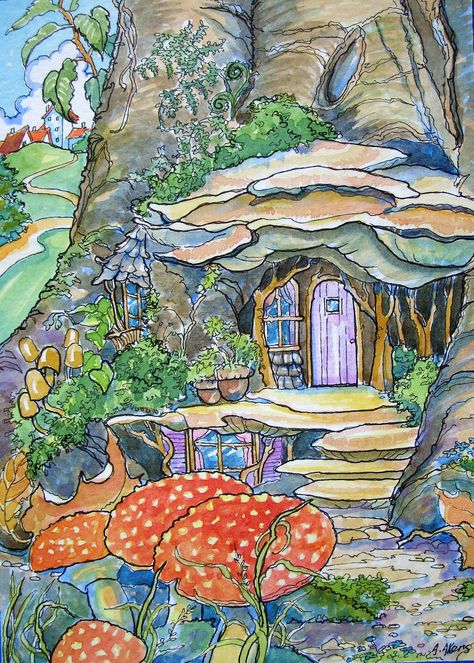 Fairy House Just Outside of Town | Fairy House Drawing, Fairy Pumpkin, Pumpkin Cottage, Cottage Illustration, Pumpkin Illustration, Cottage Painting, Pumpkin House, Storybook Art, Storybook Cottage