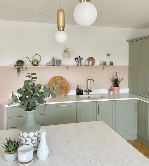 Setting Plaster And Green Kitchen, Pastel Kitchen Walls, Setting Plaster Kitchen Walls, Setting Plaster Colour Palette, Setting Plaster Kitchen, Pastel Kitchen Cabinets, Pastel Green Kitchen, Green Cupboards, Pink And Green Kitchen