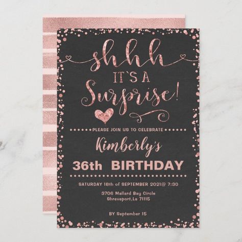 Birthday Party Women, 40th Birthday For Women, 30th Birthday Ideas For Women, 30th Birthday Themes, 30th Birthday Bash, Surprise Birthday Invitations, Surprise Birthday Party, 30th Birthday Decorations, Rose Gold Invitations