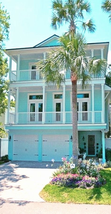 Miami Home in Tiffany Blue by Lendry Homes Miami Homes Exterior, Blue Exterior Paint, Blue House Exterior, Florida Beach Homes, Cottage Seaside, Beach Cottage Exterior, Beach House Flooring, Red Roof House, Lake Houses Exterior