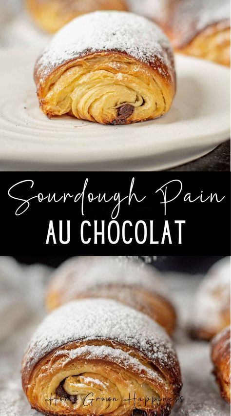 These sourdough pain au chocolat feature dark chocolate enclosed in a light and flaky pastry case. Although these sourdough pastries are commonly called sourdough chocolate croissants, they aren’t technically croissants. ‘Croissant’ means crescent and refers to the crescent shape that croissants commonly have. A pain au chocolate is not a chocolate crescent. But shapes aside, it uses the same sourdough laminated dough base. Sourdough Farmers Market, Sourdough Pastries, Laminated Dough, Pastry Case, Recipe Using Sourdough Starter, Yeast Free Breads, Chocolate Croissants, Sourdough Starter Discard Recipe, Discard Recipes