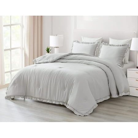 Chezmoi Collection Nora Ruffled Edge Trim Microfiber Comforter Bedding Set A vintage style ruffled edge trim border comforter bedding set inspired by nostalgic vibes for the perfect bedroom decor. Transform your bedroom in a sophisticated and luxurious manner with this welcoming comforter bedding set. An attractive ruffled edge trim with an elegant yet simple presentation that makes you feel right at home. Providing everyday comfort in a fashionable manner. Lightweight, high loft comforter with Grey Comforter Bedroom, Light Grey Bedding, Oversized King Comforter, Simple Presentation, Grey Comforter Sets, Grey Comforter, Comforter Bedding, Down Comforters, Comforter Bedding Sets