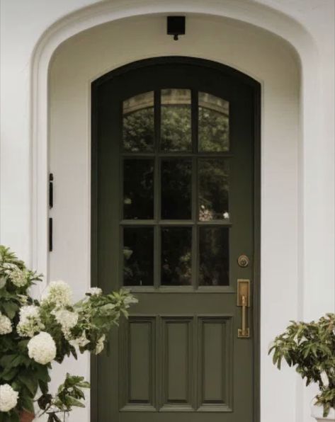 Black Front Door Green House, Green House Wood Door, 36 Inch Front Door, Green Front Door Inside, Green Front Door Ideas, Front Door Arched Entry, Craftsman Front Door Ideas, Brown Front Door Ideas, Green Entry Door