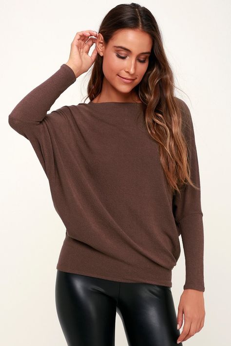 Hit up your fave cafe in the Lulus Verla Washed Plum Purple Dolman Sleeve Sweater Top! Essential top with a rounded neck, slouchy fit, and dolman sleeves. Vegan Leather Leggings, Dolman Sleeve Sweater, Dolman Sleeve Tops, Va Va Voom, Comfortable Room, Maxi Dress Green, Plum Purple, Cup Size, Lightweight Knit