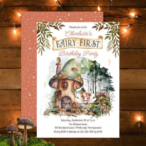 Wood Sprite, Fairy Birthday Themes, Birthday Party Snacks, 1st Birthday Party Invitations, Woodland Birthday, Birthday Party Theme Decorations, 1st Birthday Invitation, Woodland Fairy, Mushroom House